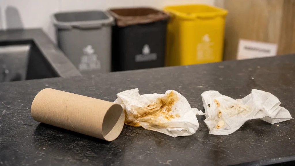 Sopalin recyclable : rouleau en carton et feuilles sales, tri poubelle jaune