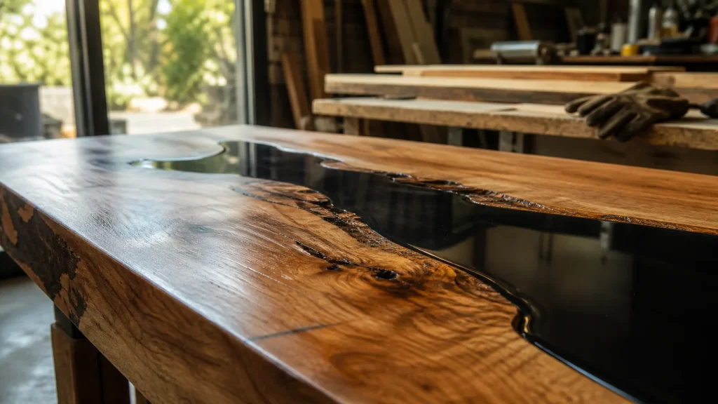 Table en resine : époxy transparente sur bois massif avec coulée noire sombre
