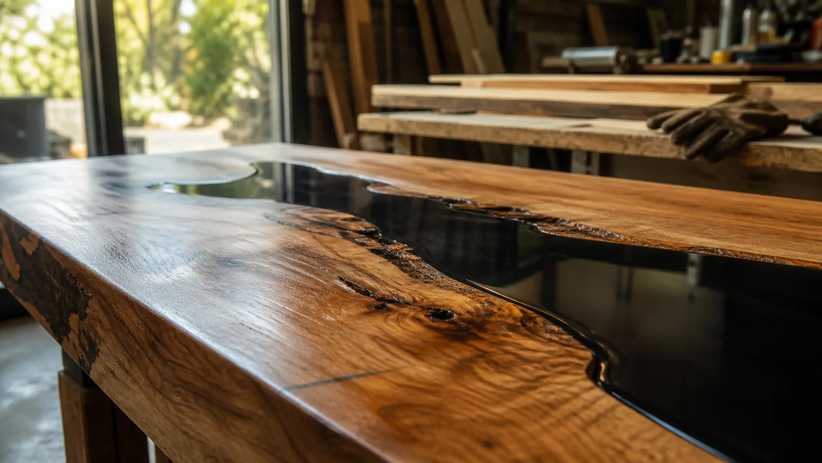 Table en resine : époxy transparente sur bois massif avec coulée noire sombre