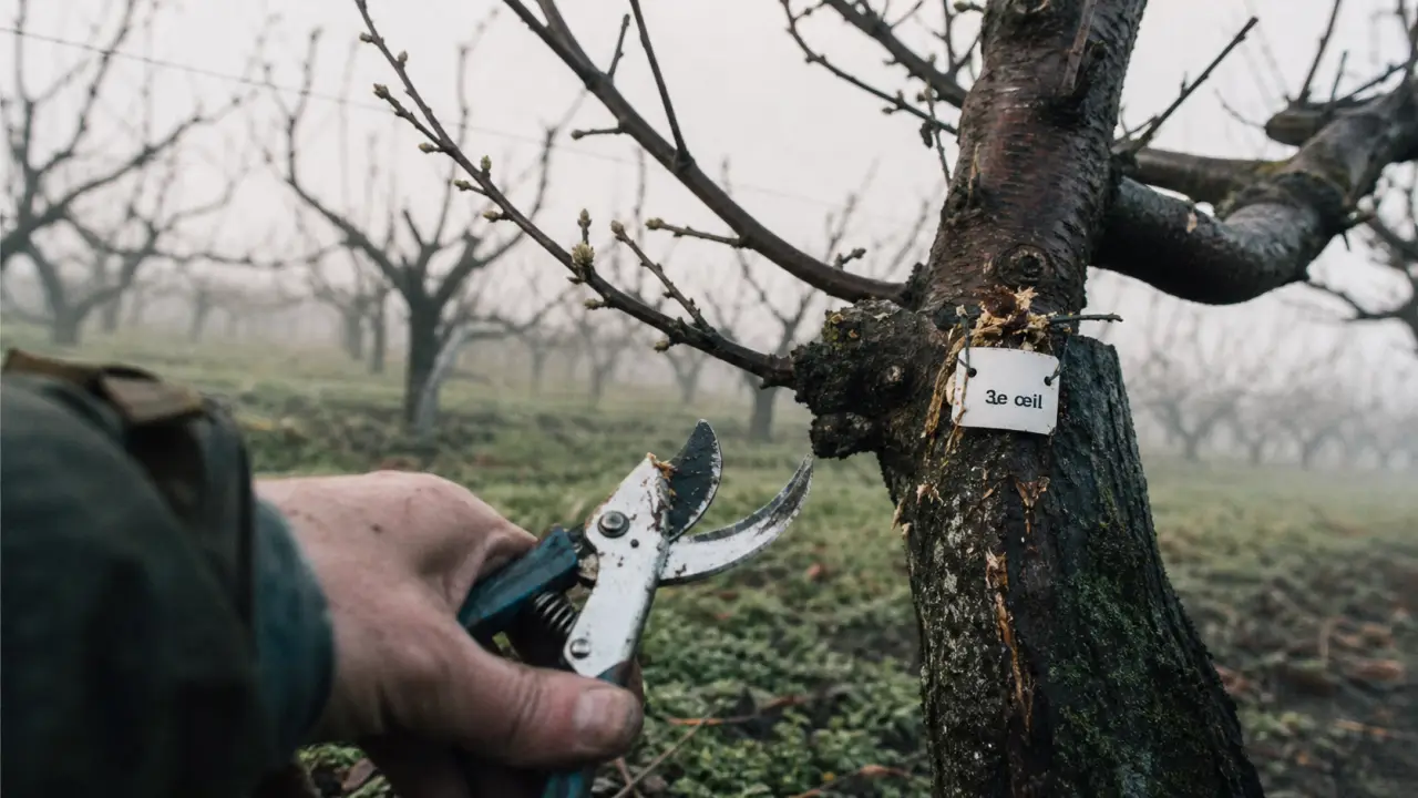 Taille des pêchers quand : sécateur sur pêcher, bourgeons visibles