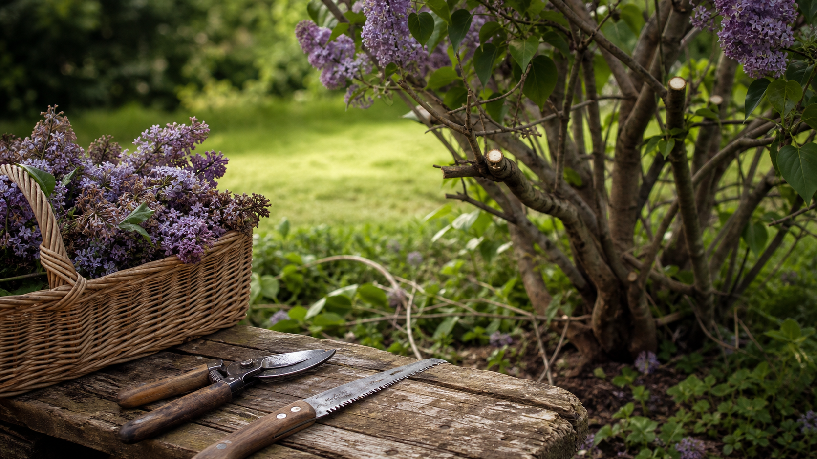 Taille du lilas après floraison, sécateur sur fleurs fanées
