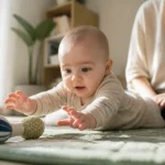 Bebe 5 mois sur tapis de jeu, sur le ventre, hochet en tissu