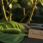 Chenille verte dangereuse sur feuille de basilic