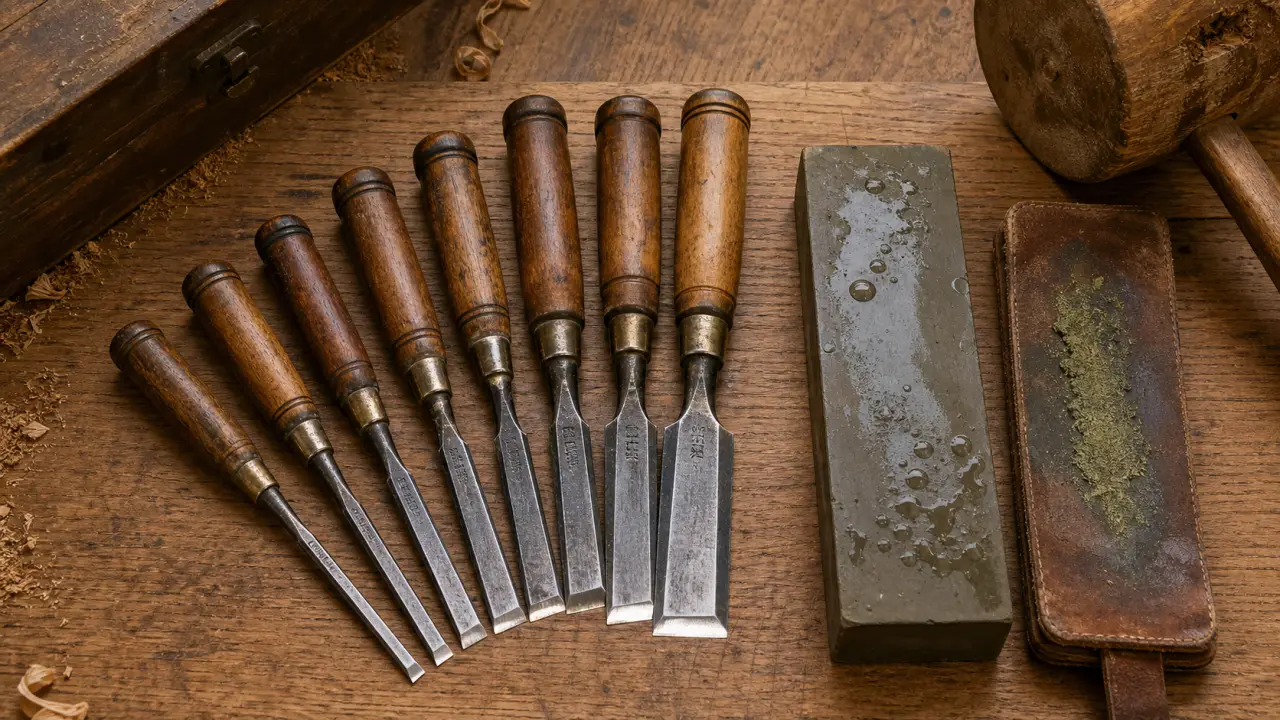 Ciseaux à bois et pierre à affûter dans l’atelier