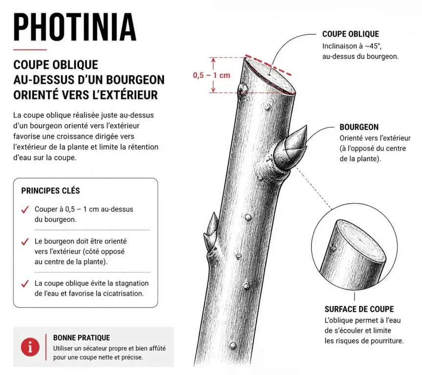 Schéma technique pour savoir comment tailler les photinia au-dessus d'un bourgeon