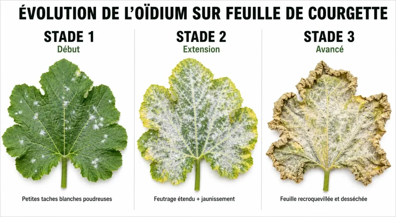 Traitement oidium courgette : évolution des symptômes sur les feuilles de courgette
