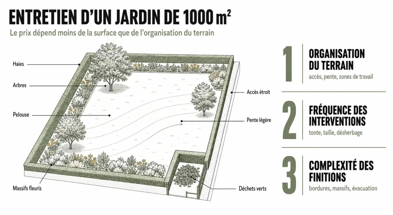 Coût entretien jardin 1000 m2 : répartition visuelle des postes de travail dans un jardin