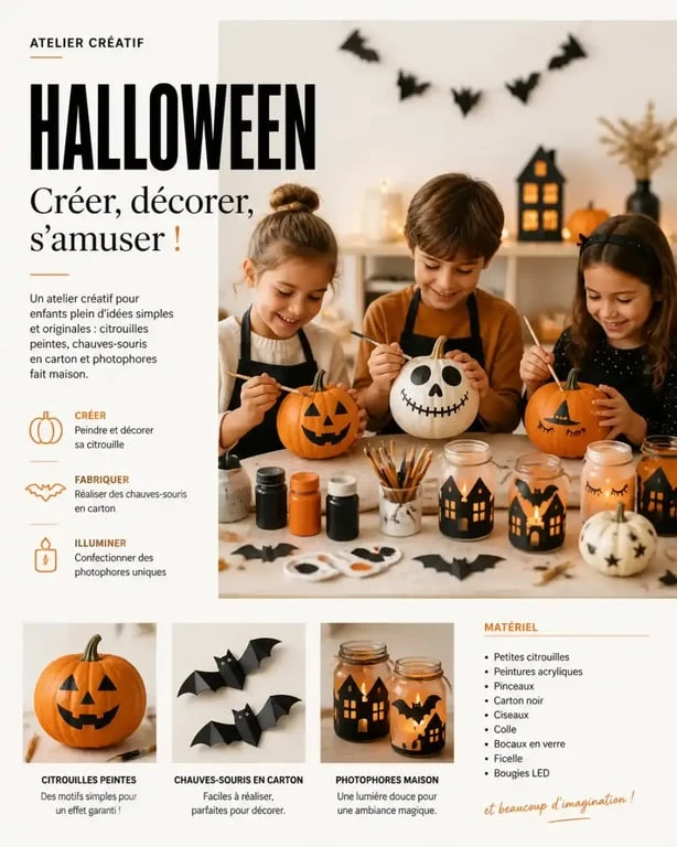 Activités Halloween enfants : atelier créatif de décoration de citrouilles et bricolages maison