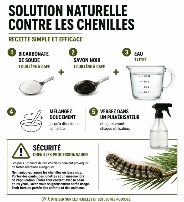 Infographie explicative sur l'utilisation du bicarbonate de soude pour protéger les plantes contre les chenilles
