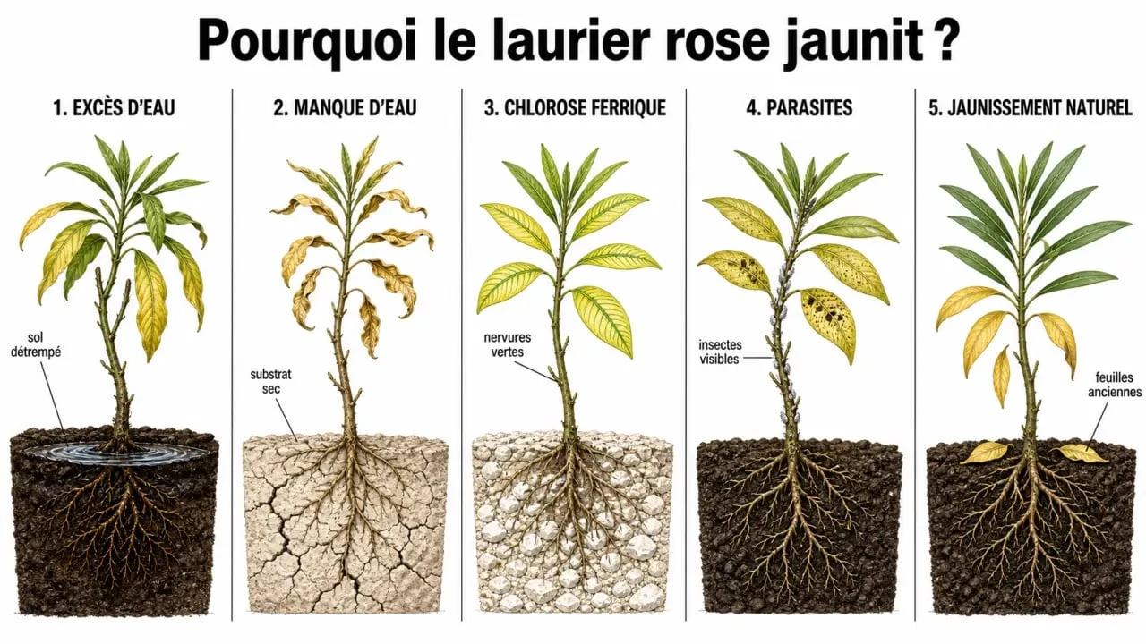 Laurier rose jauni : comparaison visuelle des causes possibles et des symptômes