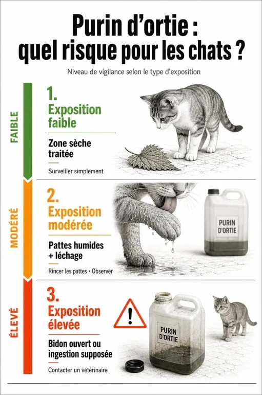 Infographie sur le purin d ortie dangereux pour les chats avec niveaux de risque selon le type d exposition