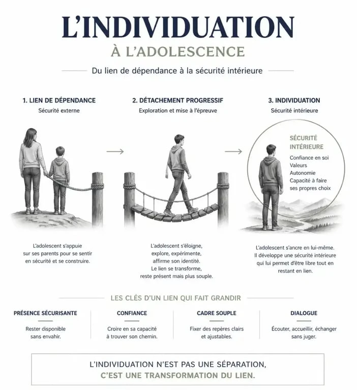Schéma explicatif du mécanisme d'individuation à l'adolescence : pourquoi un ado déteste sa mère pour construire son autonomie.