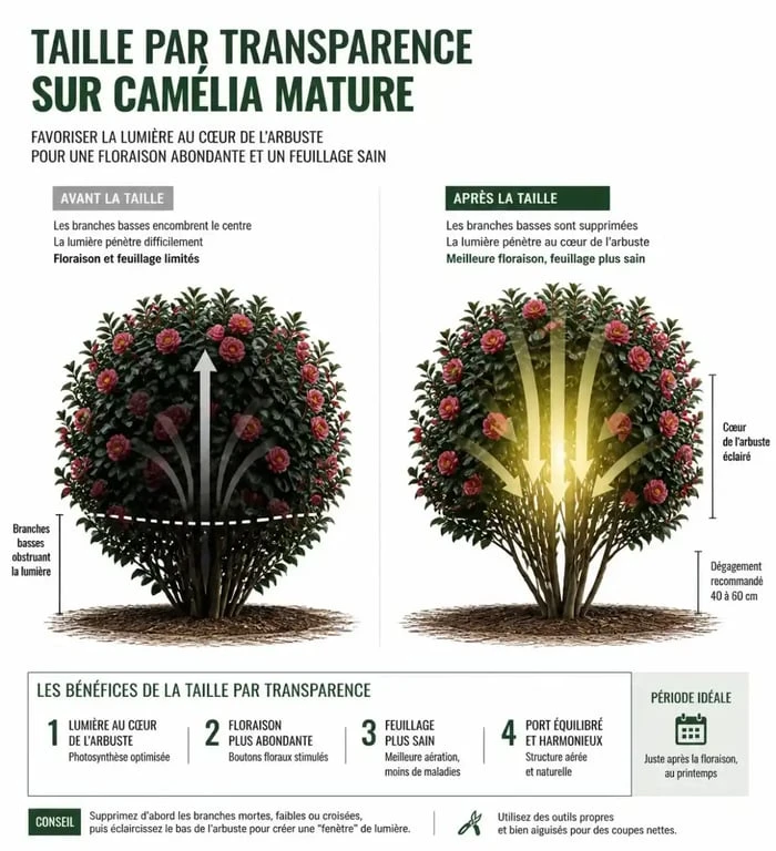 Illustration de la technique de taille par transparence pour la taille des camélias