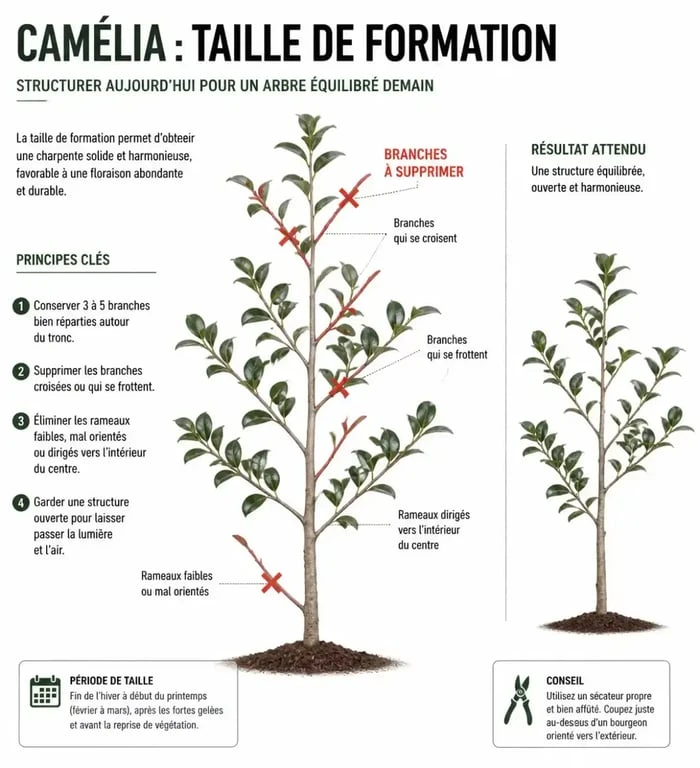 Schéma explicatif de la taille de formation pour densifier la taille des camélias