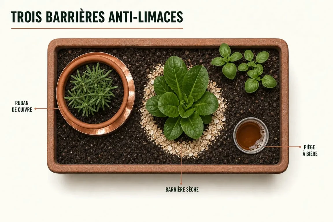 Répulsif naturel limace : schéma d’application du cuivre, du cordon sec et du piège à bière