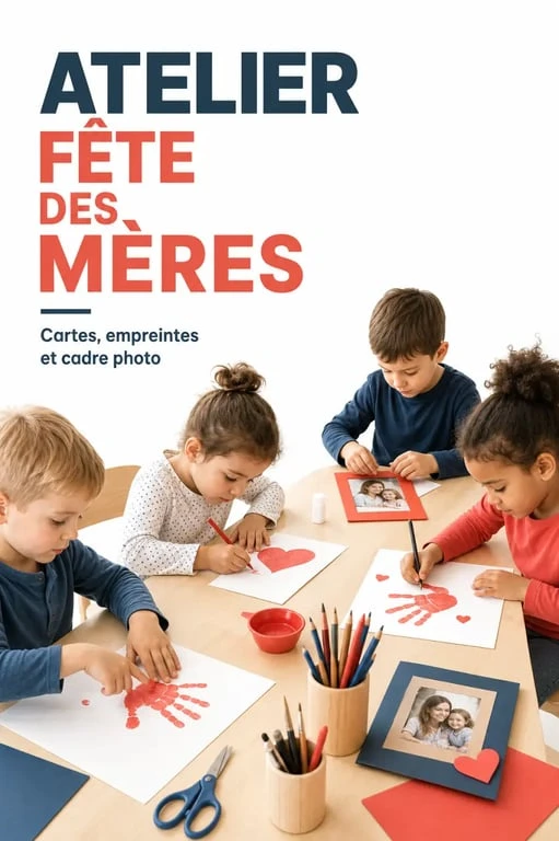 Atelier créatif pour fete des meres maternelle avec cartes, empreintes et cadre photo réalisés par des enfants
