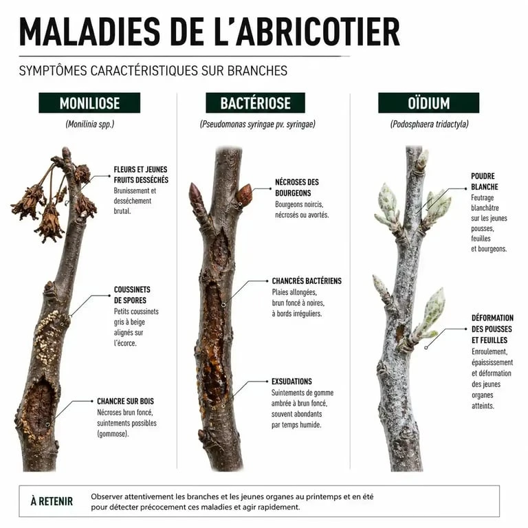 Identification des maladies de l'abricotier : moniliose, bactériose et oïdium