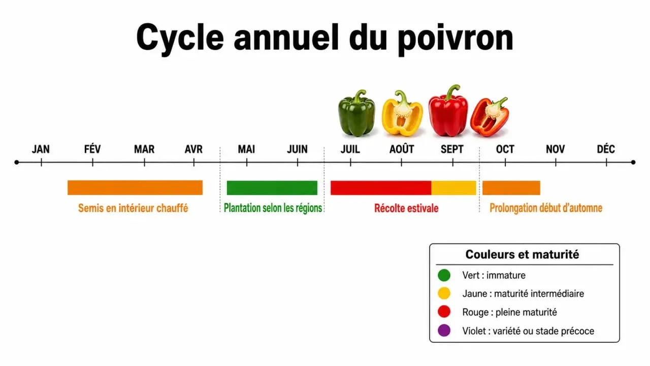 Saison poivron : calendrier annuel de semis, plantation, récolte et consommation