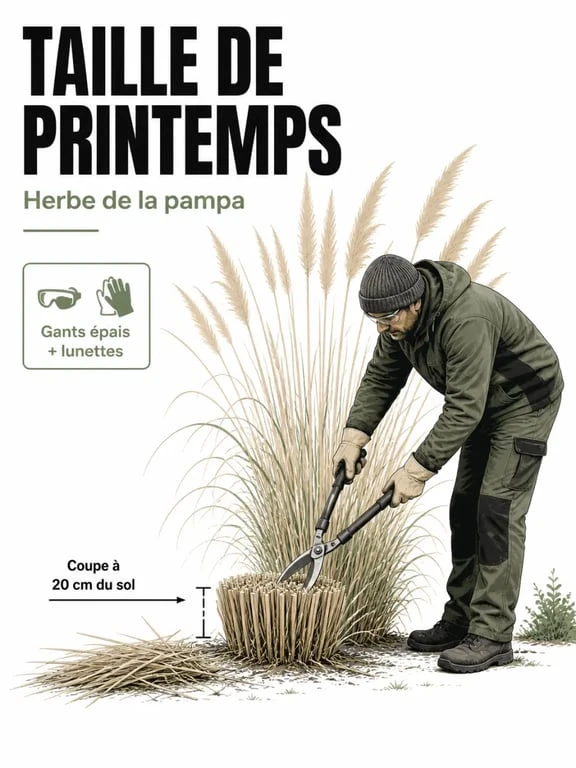 Taille pampa : coupe à environ 20 cm du sol avec protections et matériel de jardinage