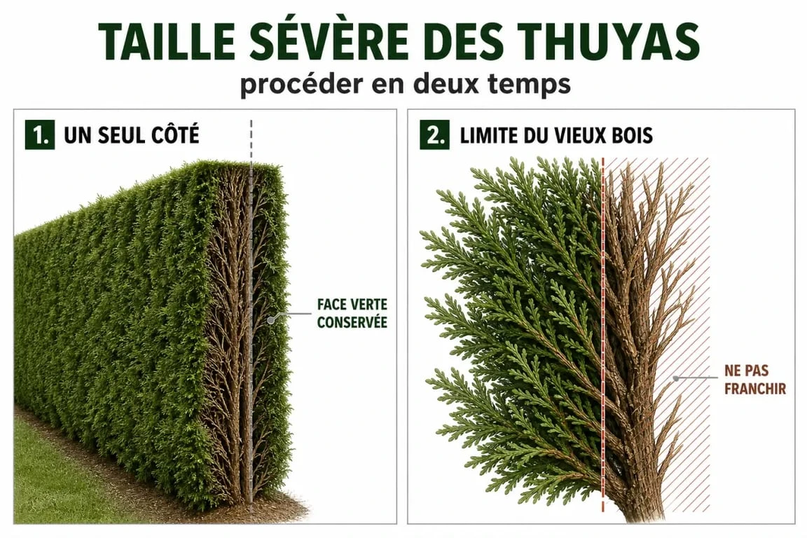 Illustration de taille sévère du thuya montrant une coupe progressive d’un seul côté et les zones de vieux bois à éviter
