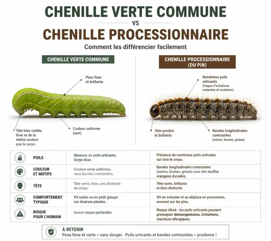 Comparaison visuelle pour identifier une chenille verte dangereuse ou inoffensive au jardin