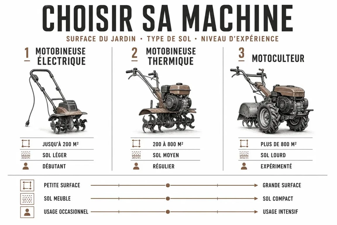 Location motobineuse : comparaison visuelle entre motobineuse électrique, thermique et motoculteur selon la surface et le type de sol