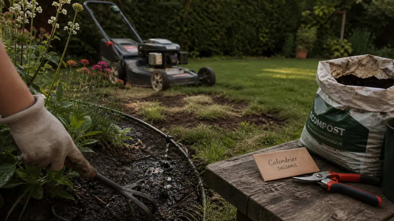 Entretien du jardin : calendrier pelouse et tailles, arrosage goutte-à-goutte et outils