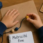 Motricite fine : enfant enfile une perle sur un lacet