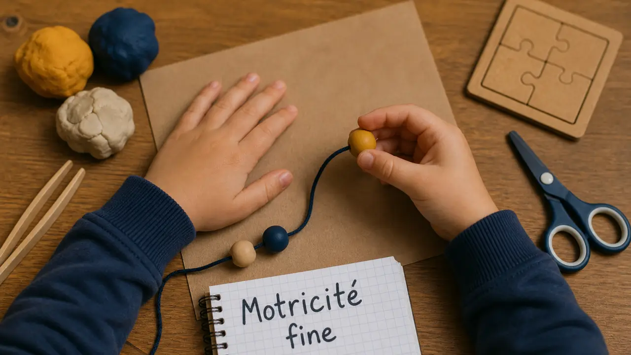 Motricite fine : enfant enfile une perle sur un lacet