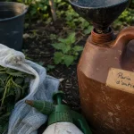Purin d ortie dangereux pour les chats : bidon accessible et entonnoir au potager