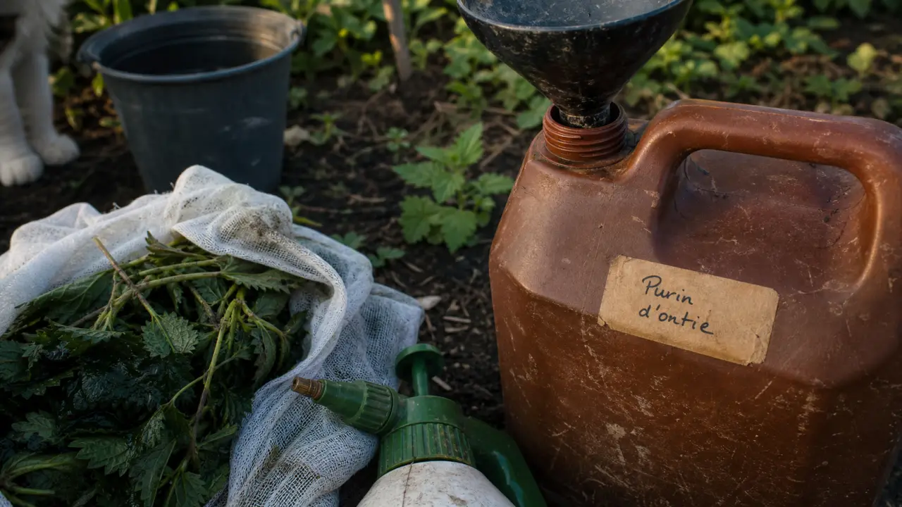 Purin d ortie dangereux pour les chats : bidon accessible et entonnoir au potager