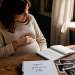 Signes grossesse fille : femme enceinte avec notes et documents échographie dans une cuisine