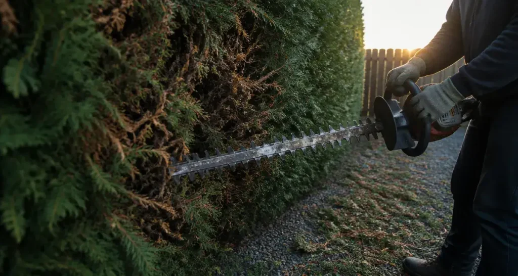 Thuya taille sévère : le vieux bois ne repart pas, la coupe se fait en deux temps