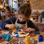 Activité manuelle sur le carnaval : enfant peint un masque en carton