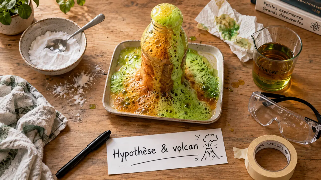 Activités scientifiques enfants : volcan de mousse vinaigre-bicarbonate en cuisine