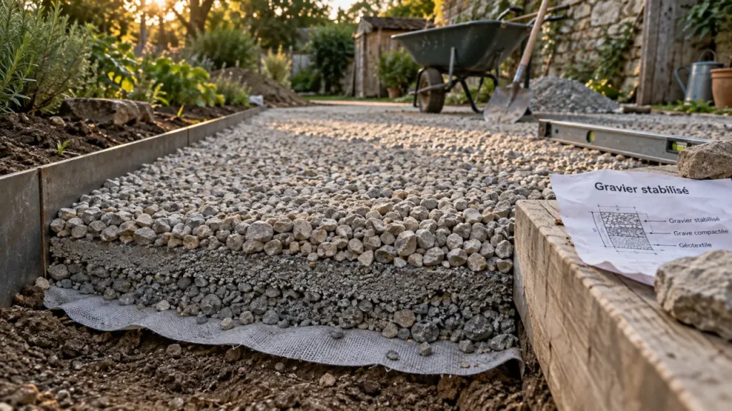 Une allée de jardin sans entretien repose sur un sol stable et un drainage maîtrisé