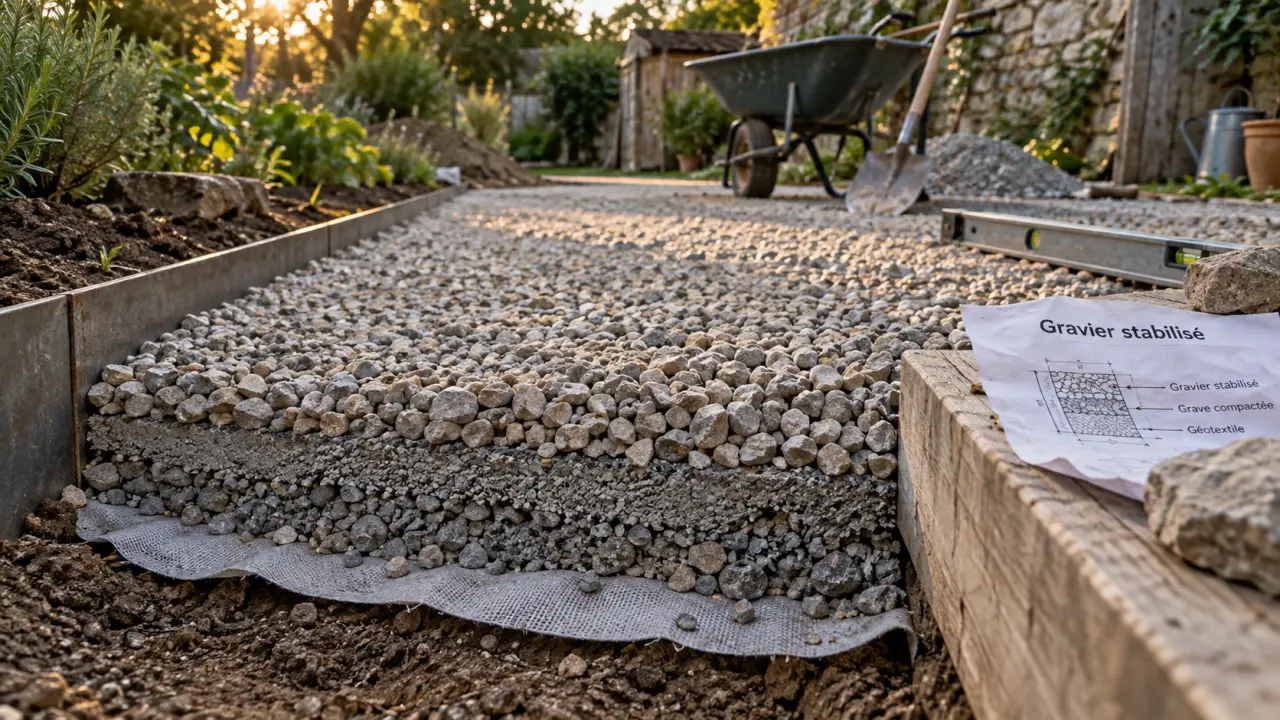 Allée de jardin sans entretien en gravier stabilisé, sol stable et drainage