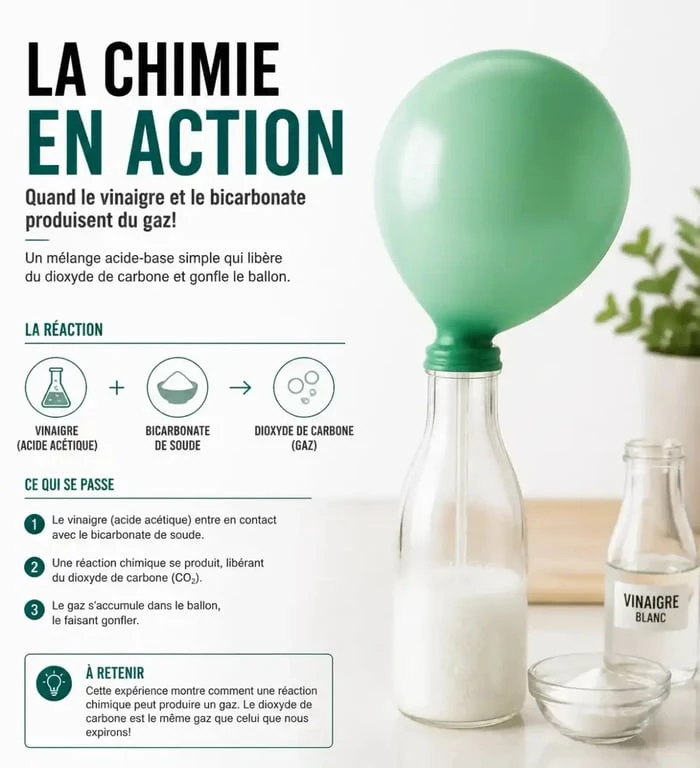 Expérience scientifique enfant : ballon auto-gonflant avec vinaigre et bicarbonate