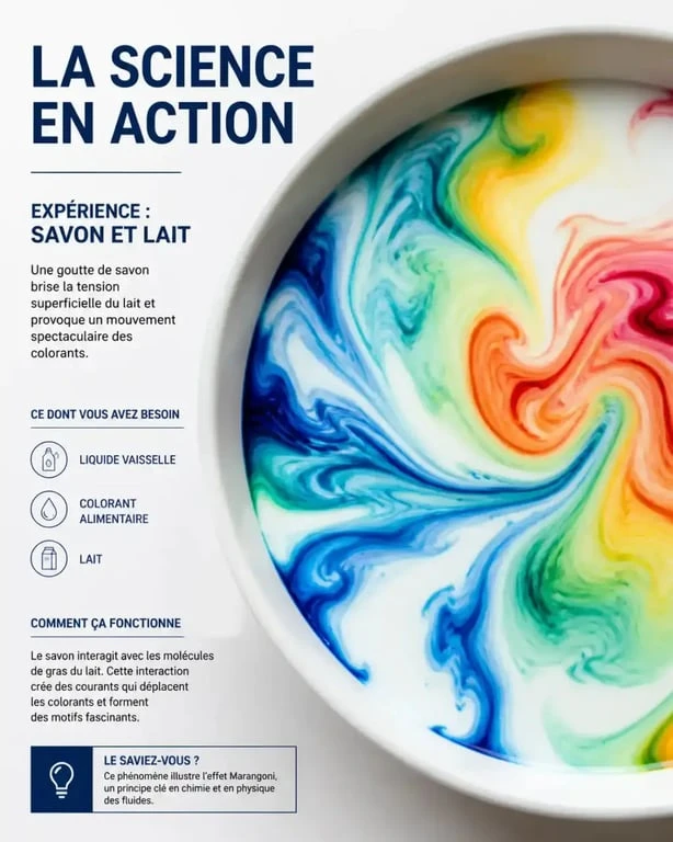 Expérience scientifique enfant : lait arc-en-ciel avec colorants alimentaires