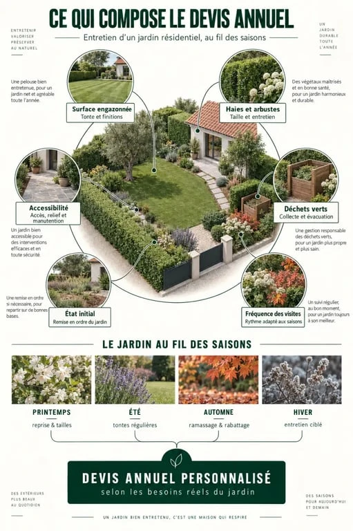 Infographie sur le tarif d’entretien d’un jardin à l’année et les critères qui influencent le devis