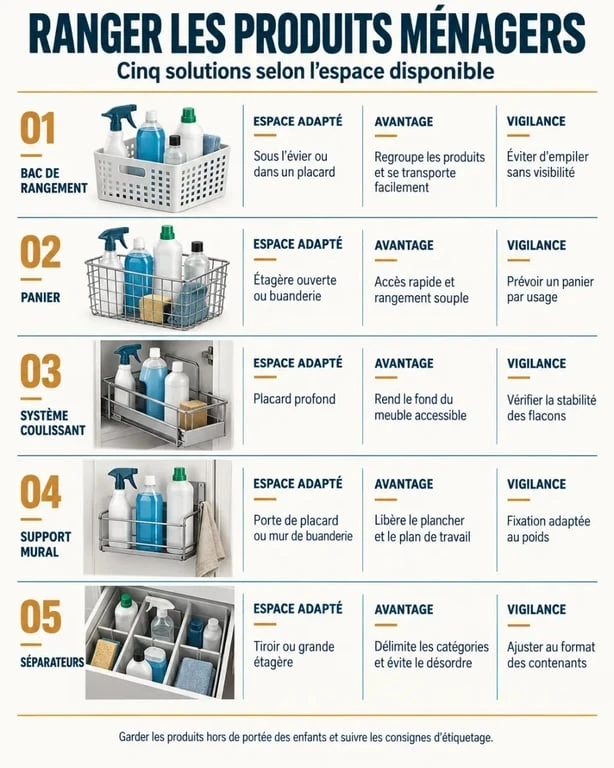 Infographie comparative des solutions de rangement produits ménagers