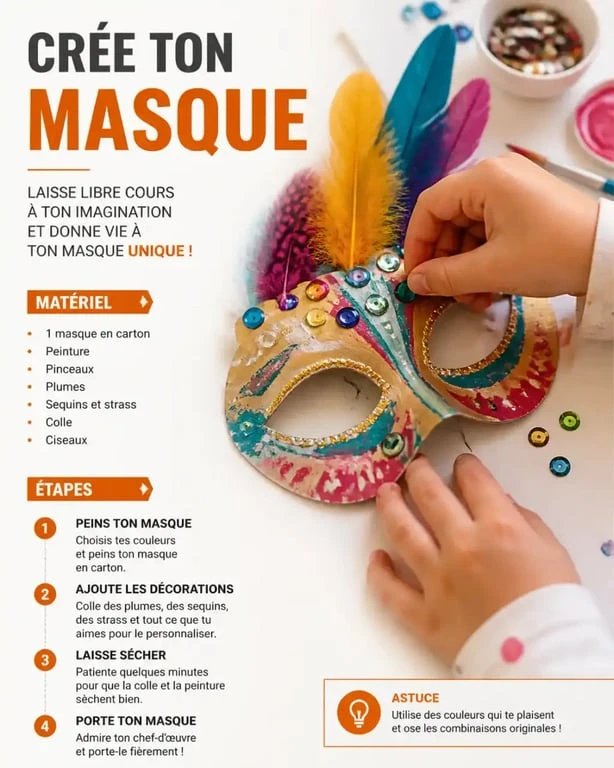 Activité manuelle sur le carnaval : enfant décorant un masque en carton