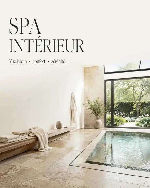 Idée aménagement spa intérieur dans une véranda lumineuse avec vue sur le jardin