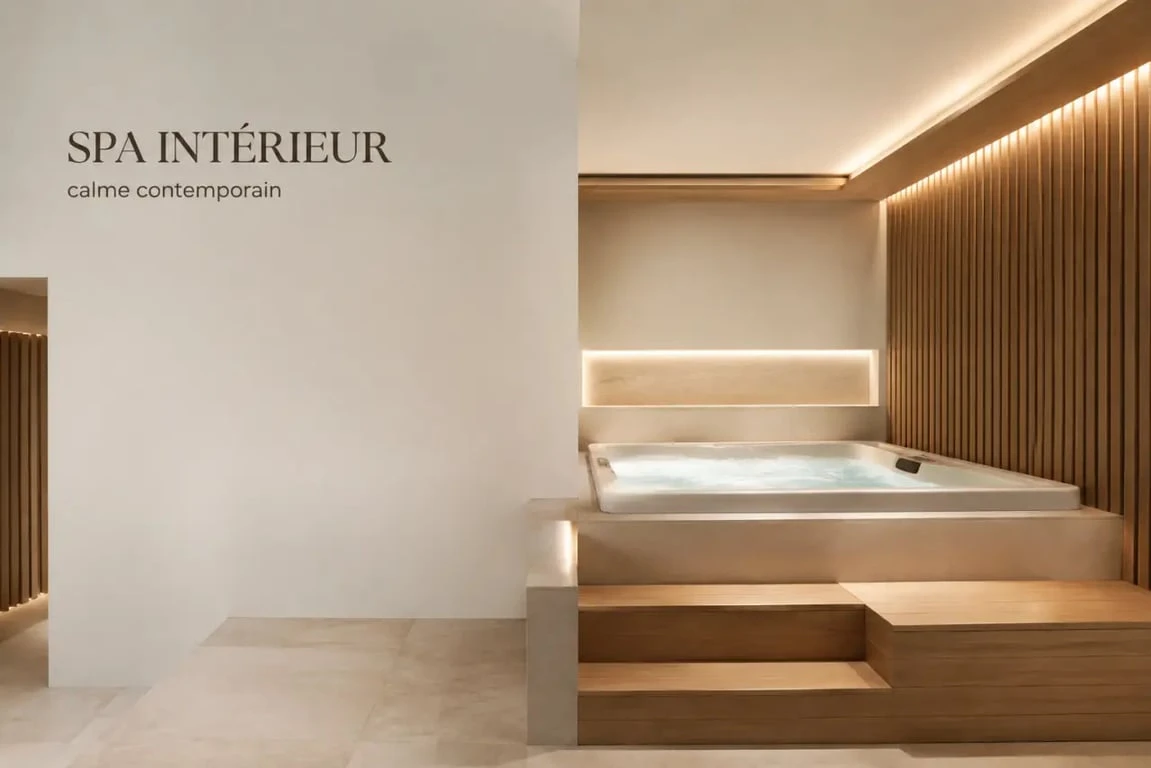 Idée aménagement spa intérieur dans un coin de pièce avec bois clair et lumière douce