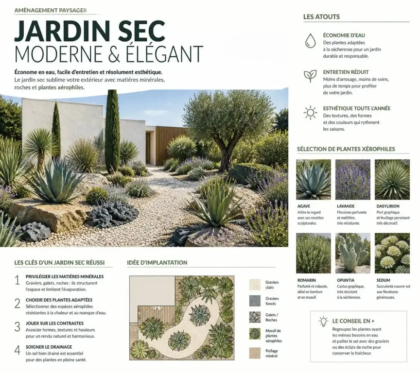 Exemple d'aménagement de jardin sec sans entretien avec plantes xérophiles