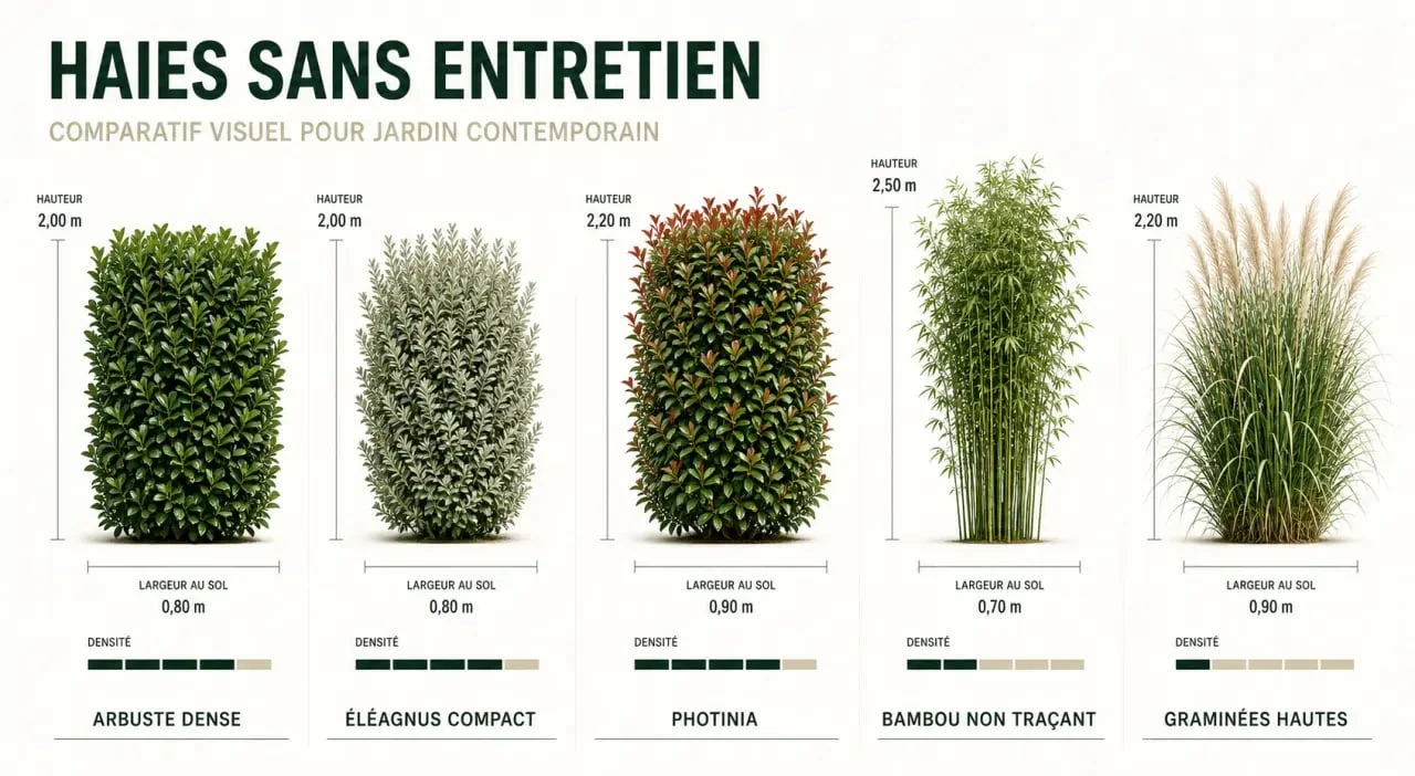 Haie de jardin sans entretien : comparatif visuel de plusieurs essences pour un écran végétal durable