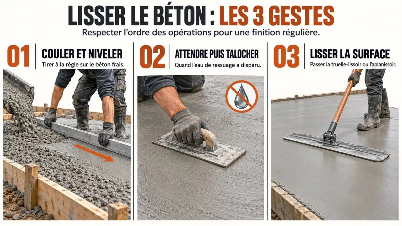 Étapes pour lisser le béton avec nivellement, talochage et lissage