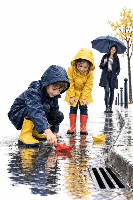 Activités extérieures enfants sous la pluie avec bottes et bateaux en papier