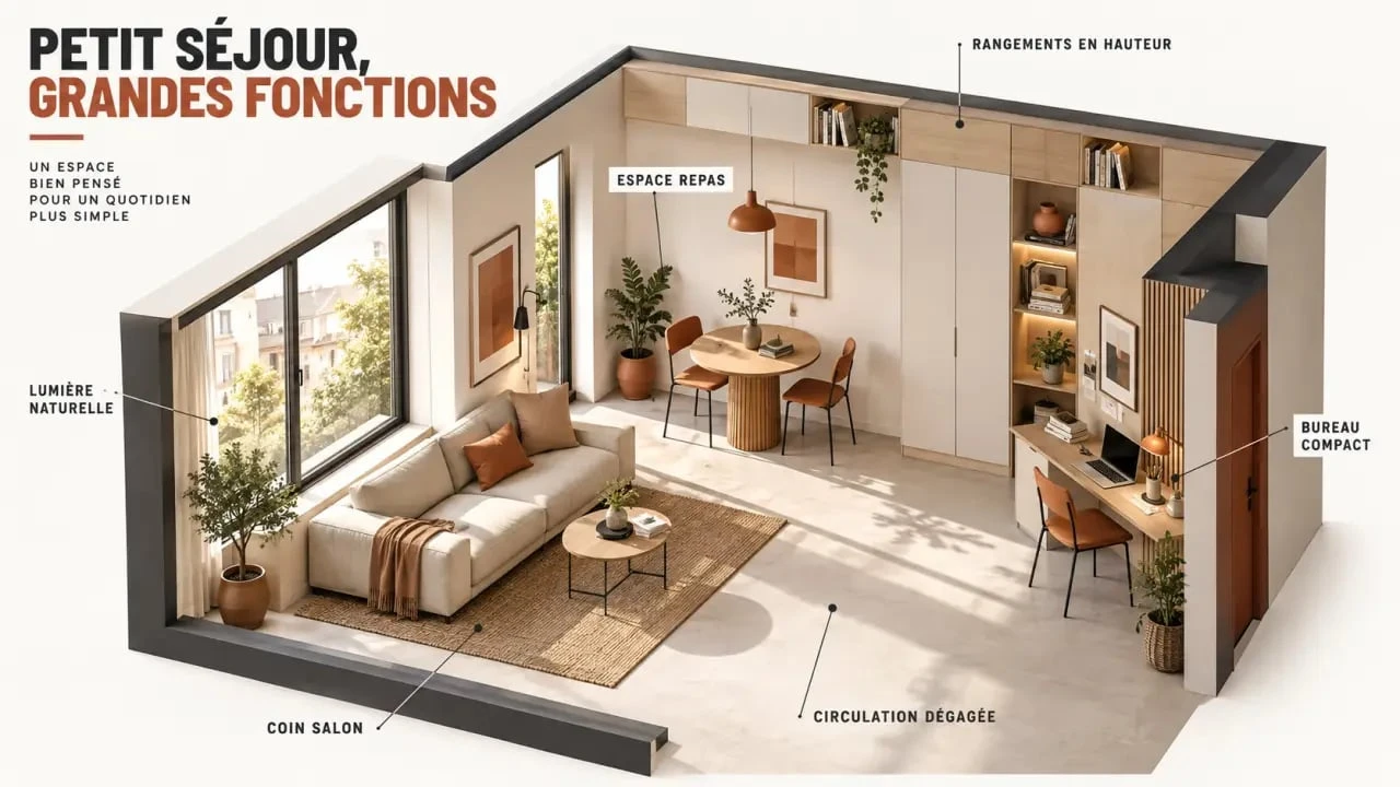 Exemple d’aménagement intérieur optimisant la circulation et les rangements dans un petit séjour