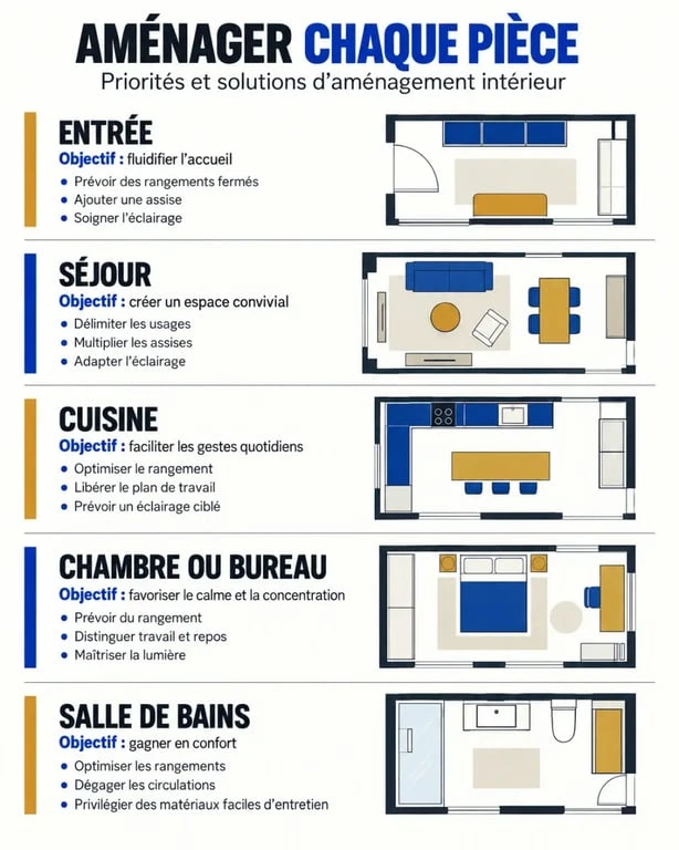 Infographie des solutions d’aménagement intérieur selon les pièces du logement